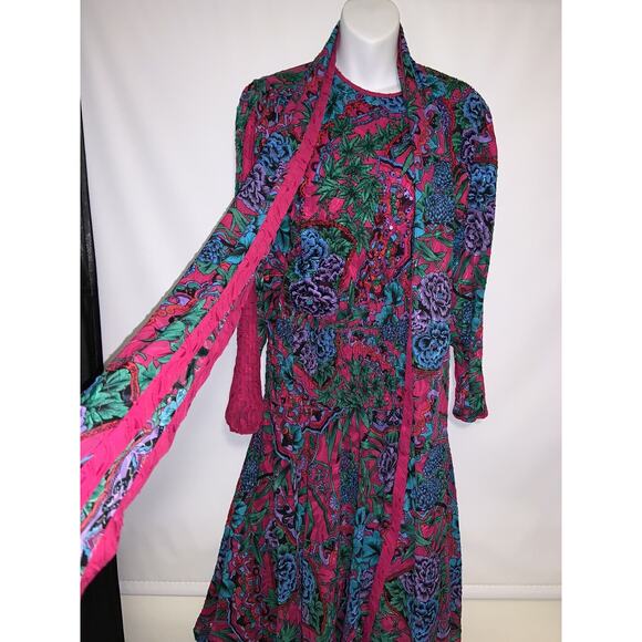 Diane Freis Vintage Maxi Dress W/ Sash Beaded Floral Print Size Medium /Large? - Picture 4 of 8